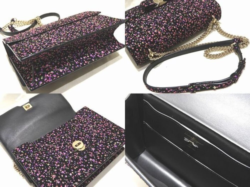 Ferragamo Vara Rion Chain Shoulder Bag Black Suede Paint Salvatore Black